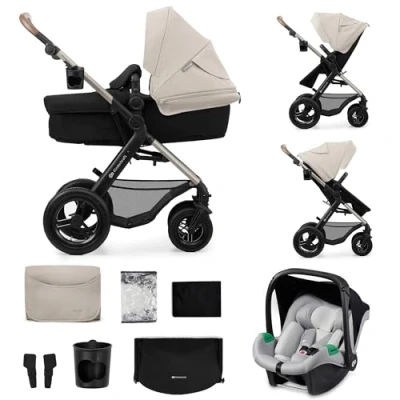 Image de Kinderkraft MOOV2 AIR Poussette 3 en 1, Système de voyage la naissance à 27 kg, Siège auto Mink PRO I Size inclus, Capote extensible avec filtre UPF50+, Roues gonflables, Gris