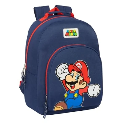 Image de SUPER MARIO World Sac à dos scolaire adaptable au chariot, idéal pour les enfants de différents âges, confortable et polyvalent, qualité résistance, 32 x 15 42 cm, couleur bleu marine,