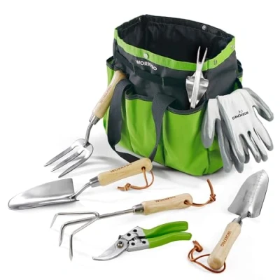 Image de WORKPRO Outils de Jardinage, 8 Pièces, Ensemble Jardinage en Acier Inoxydable Lourd avec Poignée Bois, Sécateur, Gants, Sarcloir, Griffe, Fourche, Pelle à Terreau, Transplantoire pour Jardinier
