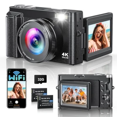 Image de 4K 64MP Appareil Photo Numérique avec WiFi, Compact écran Rabattable à 180avec Autofocus,16X Digital Zoom Carte 32GB,Chargeur,2 Batteries pour Débutants
