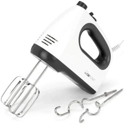 Image de Clatronic HM 3775 Mixeur à main/batteur main avec 5 niveaux de vitesse, niveau turbo et touche d&#039;éjection, fouet crochet pétrissage en acier inoxydable inclus, blanc/gris
