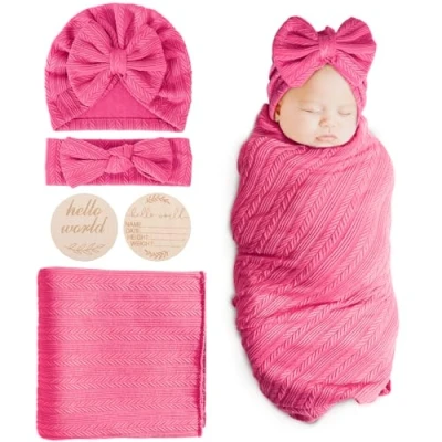Image de DRESHOW Couverture Bebe Naissance Emmaillotage Bébé pour Nouveau Né Langes 80 x cm Sac de Couchage avec Chapeau et Bandeau Nœud
