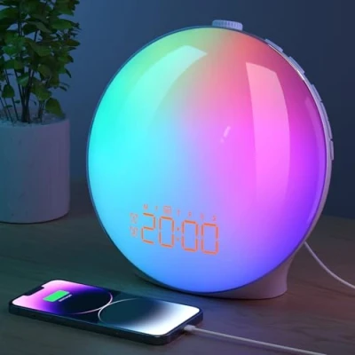 Image de Lumière FM Radio Réveil Matin Lumineux Lampe de 18 Couleurs Chevet 20 Niveaux Luminosité Simulateur d&#039;Aube et Crépuscule 2 Réveils 7 Sons Naturels Fonction Snooze Veilleuse Enfant