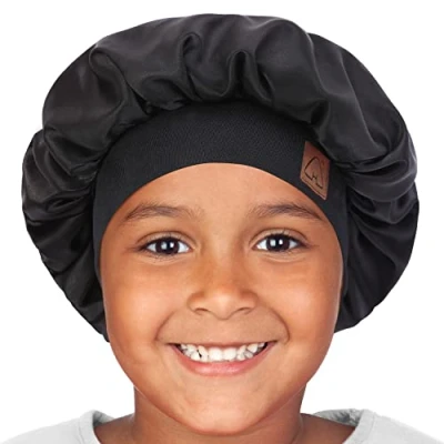 Image de Hat Hut Bonnet de Sommeil en Satin pour Enfants Nuit Soie Cheveux Bouclés Réglable Bébé (FR/ES, Alpha/Lettres, Taille Unique, Noir)