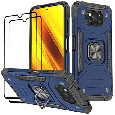 Image de KANSI Coque Compatible pour Xiaomi POCO X3 NFC/POCO Pro, Verre Trempé [2 Pièces] Housse TPU Silicone Rotation 360 Aimant Anneau Support Double Défense Protection Etui Bleu