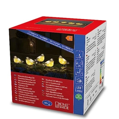 Image de Konstsmide, 6291 103 Lot de 5 oiseaux LED en acrylique transparent 24 V pour extérieur (IP44), 40 diodes blanc chaud, câble