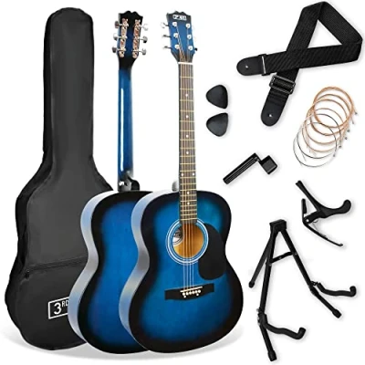 Image de 3rd Avenue Pack Guitare Acoustique 4/4 Taille Standard pour Débutants, Housse, Médiators, Jeu de Cordes Rechange, Stand, Sangle, Capodastre Bleu