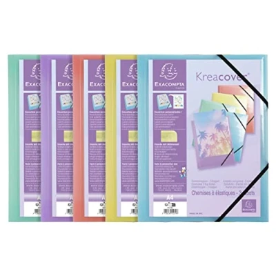 Image de Exacompta Réf. 55279E Paquet de 5 chemises à élastiques Kreacover pastel pochettes 3 rabats en polypropylène translucide dimensions 24 x 32 cm pour format A4 couleurs assorties