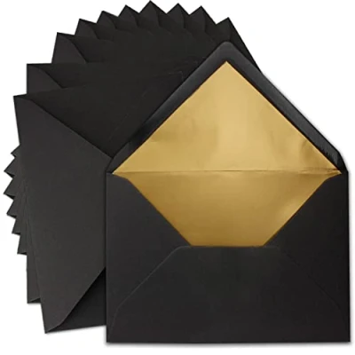 Image de UmWelt Lot de 10 Enveloppes format C5 15,6 x 22 cm en papier kraft noir avec doublure soie dorée Fermeture humide vierges recyclé Série