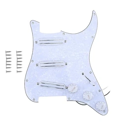 Image de Musiclily 11 Trous SSS Loaded Pickguard avec Micros Dual Hot Rail High Output Set pour Guitare électrique Fender Squier Strat, 4 plis White Pearl