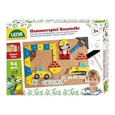 Image de Lena 65828, Jeu 64 colorées et 8 pièces de Chantier, Plaque Base en liège 28 x 19,5 cm, Marteau Clous, pour Les Enfants à partir 3 Ans, Multicolore, Petit