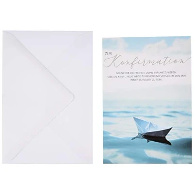 Image de Perleberg Carte de confirmation Collection Basic Classic vœux avec motif bateau enveloppe colorée assortie 11,6 x 16,6 cm
