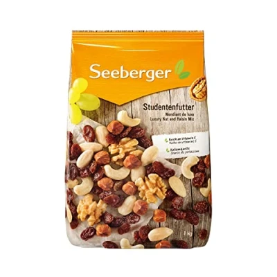 Image de Seeberger Mendiant de luxe : mélange classique noix et fruits secs composé noisettes décortiquées, amandes, cajou, raisins riche en vitamine E, vegan (1 x 1 kg).