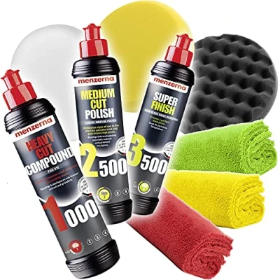 Image de detailmate Menzerna Kit de Polissage : Heavy Cut Compound 1000 + Medium Polish 2500 Super Finish 3500 Pads (Hard Cut, Soft Cut) 3 Chiffons en Microfibre 550GSM