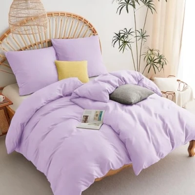 Image de WAVVE Parure de lit, 4 pièces, en Microfibre Douce, avec Housse Couette 135 x 200 cm et taies d&#039;oreiller 80 cm, Fermeture éclair, Violet Clair