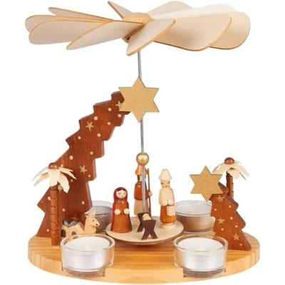 Image de BRUBAKER Pyramide de Noël en Bois Étoile Bethléem, Jésus, Marie, Joseph et Le Berger Table Pivotante 22 cm pour 4 Bougies à Réchaud Peinte la Main