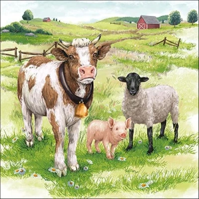 Image de Lot de 20 serviettes en papier avec motif vache, cochon et mouton Idéales également pour le découpage la technique des 33 x cm