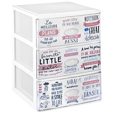 Image de COM FORT HOUSE Commode empilable en plastique effet verre Modèle textes Couleur blanche à 3 Tiroirs de rangement modulaires (380 x 370 473 mm)