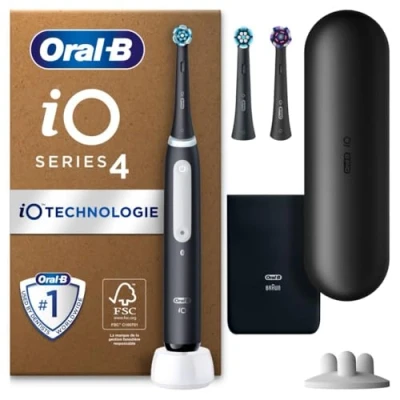 Image de Oral B iO 4 Brosse À Dents Électrique Noire Pour Adultes, Modes De Nettoyage Avec Blancheur Et Extra Douceur Protéger Les Gencives, 3 Brossettes Recharge, 1 Chargeur, Étui Voyage
