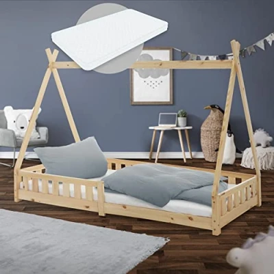 Image de ML Design Lit Enfant Tipi 90x200 cm Naturel avec Matelas à Mousse Froide, H:16cm, Housse Amovible, Sommier Lattes, Anti Chute, Style Indien en Bois de Pin Massif, Protection Contre Les Chutes