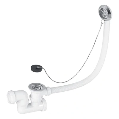 Image de Wirquin SP5502 Ensemble complet vidage de baignoire L500 mm avec siphon orientable Ø40 et bonde à bouchon, blanc chromé