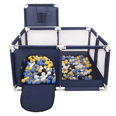 Image de Selonis Parc Bébé Avec 200 Balles Plastiques Aire De Jeu Pliable Basket, Bleu:Noir/Blanc/Gris/Bleu/Jaune