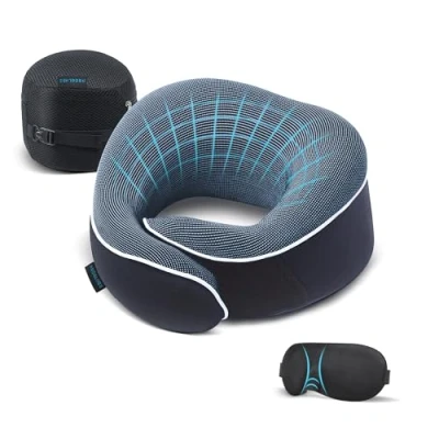 Image de Proglobe oreiller de voyage, cervical en mousse à mémoire forme, orthopédique, essentiels voyage pour l&#039;avion, kit avec masque sommeil profilé 3D, bouchons