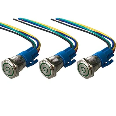 Image de QitinDasen 3Pcs Premium 12V / 24V 5A Interrupteur à Bouton Poussoir Auto Bloquant, Commutateur 19mm, Vert LED Etanche IP67 avec Fil de Prise Courant