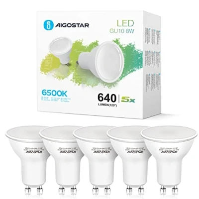Image de Aigostar Ampoule LED GU10 Blanche Froide 6500K, 8W équivalent 88W, 640 lumens. Spot Culot GU10, Larges Faisceaux de 100 120º, IRC ≥ 80, Pack 5 unités avec boîte