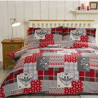 Image de Coeur de Noël Patchwork en Flanelle 100% Coton brossé Parure lit avec Housse Couette et 2 taie d&#039;oreiller lit, Rouge/Multicolore, Super King Size