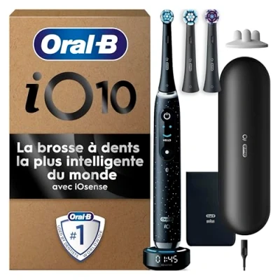 Image de Oral B iO Série 10 Brosse à Dents Électrique Noire, Coaching Et Contrôle De Pression, Modes Soin Des Gencives Douceur, 3 Brossettes Rondes Rechange, 1 Chargeur, Étui Voyage, En Carton