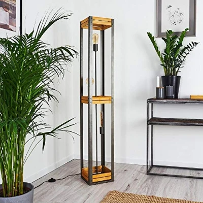 Image de Lampadaire Apia en bois et métal argenté, luminaire rétro industriel avec interrupteur au sol, idéal dans un salon vintage, pour 3 ampoules E27, ampoule(s) non incluse(s)