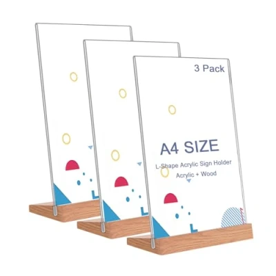 Image de Presentoir a4 Acrylique avec Base en Bois, Lot de 3 Porte Menu affiche, Document Mariage pour Restaurant forme L documents inclinés transparent (A4 verticale clair)