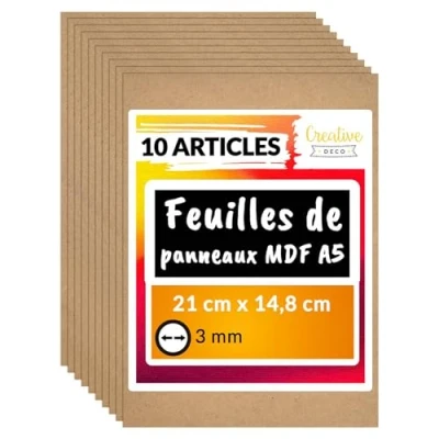 Image de Creative Deco 10 x A5 Panneau MDF 148 210 3 mm Feuille Planche Bois Brut Plaque Idéal pour Bricolage, Découpe Laser, Gravure, Maquette Panneaux Pyrogravure, Linogravure