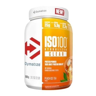 Image de Dymatize ISO 100 Hydrolyzed Clear Peach Ice Tea 900g Hydrolysat de protéine lactosérum clair + poudre d&#039;isolat