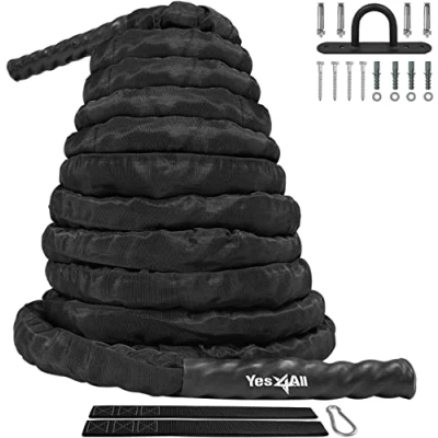 Image de Yes4All Corde d&#039;entraînement de combat avec housse protection Ancrage en acier et sangle incluse 38 mm/50 mm diamètre Poly Dacron 9 m, 12 15 m longueur (50 m)