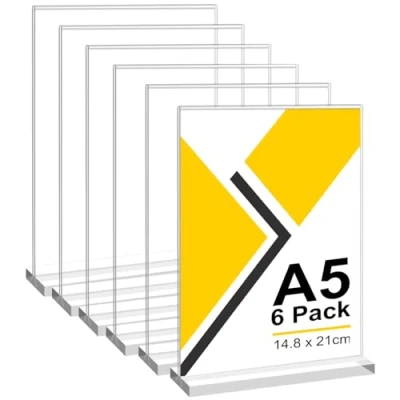 Image de Lot de 6 Porte affiche en Acrylique A5, Forme T Support Double Face Vertical Transparent, Cadre Photo Plastique, Affichage Menu Presentoir pour Réception, Bureau, Magasin, Restaurant, Hôtel