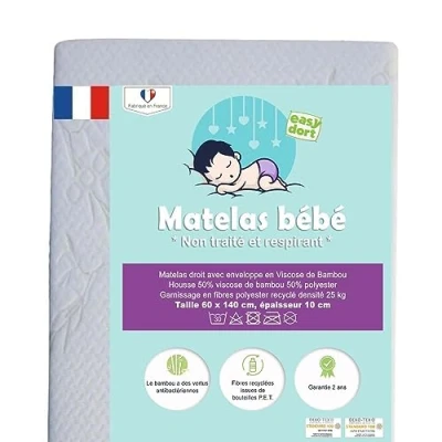Image de Easy Dort Matelas bébé 60x140 cm Berceau ou lit Fabriqué en France Anti bactérien Été &amp; Hiver Double Face Très Confortable Housse Bambou Oeko tex® Blanc