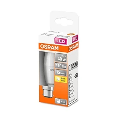 Image de OSRAM LED Star Classic B40, ampoule givrée en forme de bougie, culot B22d, blanc chaud (2700K), 470 lumens, remplacement des ampoules conventionnelles 40W, 1 pack