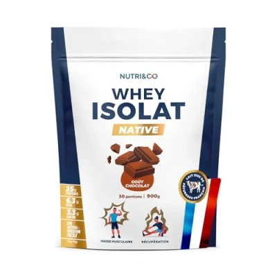 Image de Nutri&amp;Co Whey Isolate Native Jusqu’à 94% de Protéines Pur Lait Français Low Lactose Digestion Facile Riche en BCAA Prise Masse &amp; Musculation 1kg 33 portions goût Chocolat