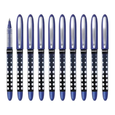 Image de Westcott E 730617 00 Lot de 10 stylos roller à encre bleue Épaisseur trait précise 0,5 mm Transparent Indicateur niveau remplissage Technologie capillaire Poignée ergonomique