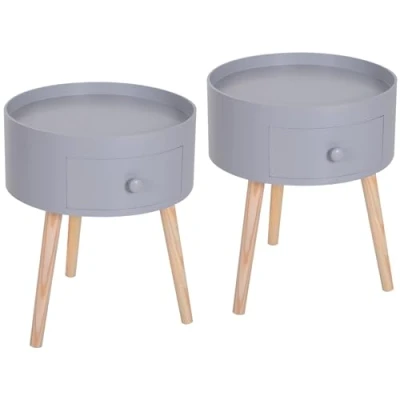Image de HOMCOM Lot de 2 Tables Basses Table Chevet Nuit Ronde Design scandinave d&#039;appoint Bout canapé avec tiroir Pieds effilés inclinés Bois Massif chêne Clair Gris