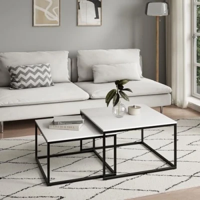 Image de Home Collective Lot de 2 Tables Basses carrées en Bois gigognes avec Structure métal pour Salon, Bureau, Table d&#039;appoint Loft Design Twin Blanc