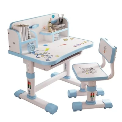 Image de cadciehe Ensemble bureau et chaise fonctionnels pour enfants, table d&#039;étude réglable en hauteur avec motif dessin animé, de ergonomique grand tableau d&#039;écriture, étagère seau à