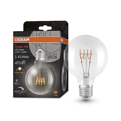 Image de OSRAM Vintage 1906® Classic Globe95 Fil LED lampe, E27, Clear, 48W, 470LM, 2700K, Lumière blanche chaude, dimmable, nouveau, filament ultra cliente, longue durée de vie