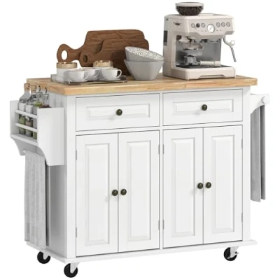 Image de HOMCOM Desserte ilôt de Cuisine Multi rangements 2 tiroirs Placard Portes avec étagère Range Bouteille Porte torchons MDF Blanc hévéa