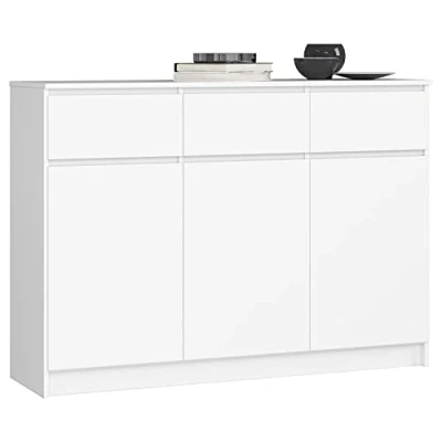 Image de AKORD Commode K 140 cm 3 Tiroirs et Portes pour Le Salon Chambre Armoire Design Moderne Fonctionnel Panneau Stratifié 16mm Couleur Blanc