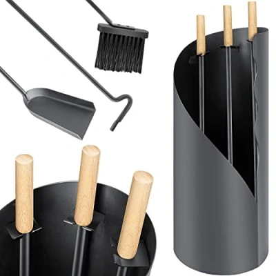 Image de KESSER® Serviteur de cheminée Set 4 ustensiles pour haute qualité composé pièces : balai, pelle, tisonnier, pince, support en acier, anthracite