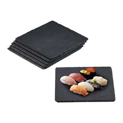 Image de relaxdays Plateau en ardoise, lot de 6, 25 x cm, assiette présentation, carré, plat service, déco, anthracite