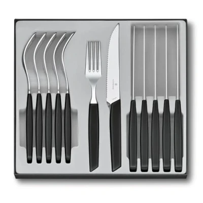 Image de Victorinox Swiss Modern Ensemble de couverts pour 6 personnes, 12 pièces, y compris couteaux à steak tranchants lame crantée, manches en plastique, noir